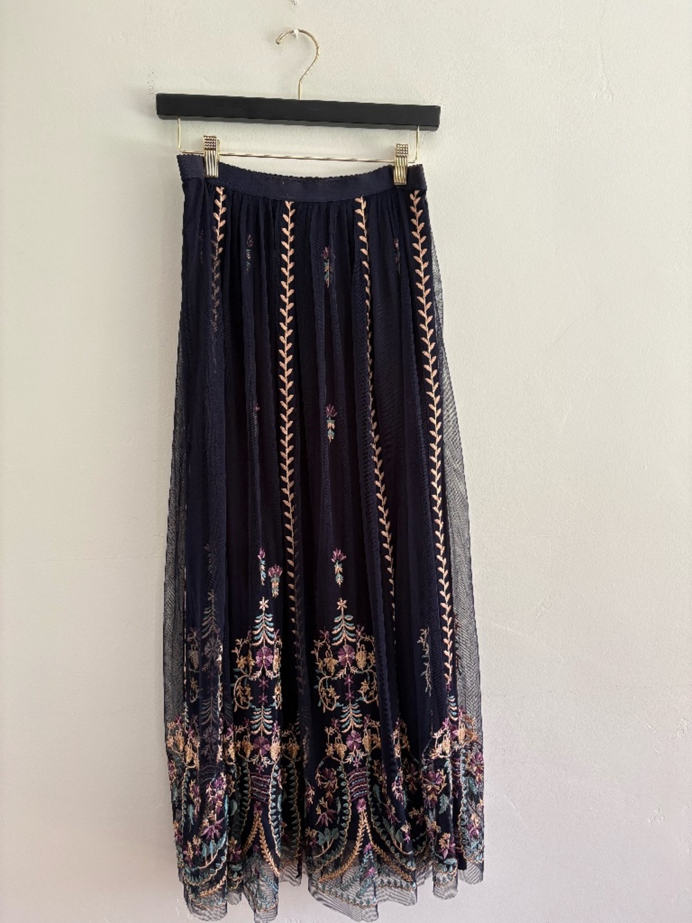 Sundance/S/ Dark blue layered and embroidered full midi length skirt - Picture 1 of 4